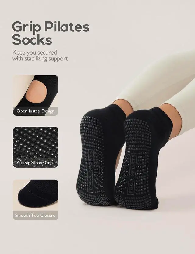 Alt view image 3 of 6 - 4 Pairs Pilates Socks with Grips for Women Anti Slip Yoga Sock | Cotton Blend Material, Heel Protection, Non Slip Grip Yoga Socks, Crew Non Slip Grip Yoga Socks for Barre,Hospital, Barefoot