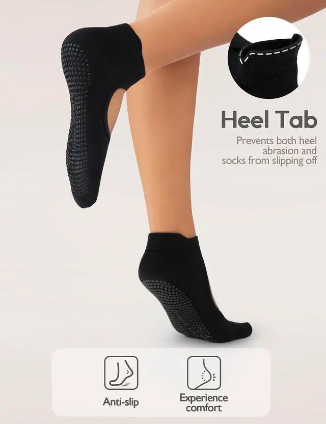 Alt view image 4 of 6 - 4 Pairs Pilates Socks with Grips for Women Anti Slip Yoga Sock | Cotton Blend Material, Heel Protection, Non Slip Grip Yoga Socks, Crew Non Slip Grip Yoga Socks for Barre,Hospital, Barefoot