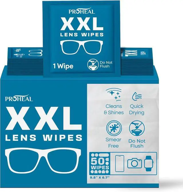 Main image of XXL Lens Wipes, 50 Count - 9.8"x6.7" Eye Glasses Cleaner Wipes for Lenses, Watches, Display Screens, and More - Cleans and Shines - Quick Drying, No Smear with Isopropyl Alcohol