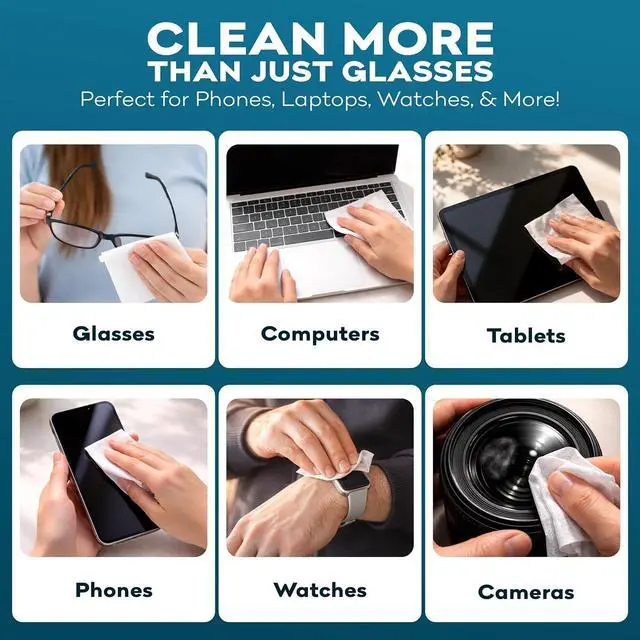 Alt view image 6 of 7 - XXL Lens Wipes, 50 Count - 9.8"x6.7" Eye Glasses Cleaner Wipes for Lenses, Watches, Display Screens, and More - Cleans and Shines - Quick Drying, No Smear with Isopropyl Alcohol