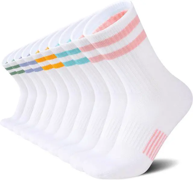 Main image of Womens Crew Socks Athletic Running Casual Cushioned Striped Calf Sock for Women 5 Pairs