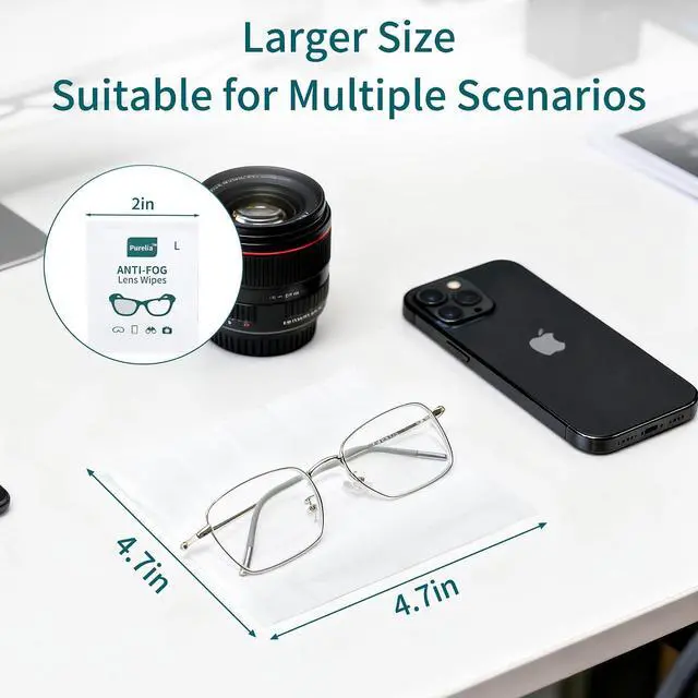 Alt view image 2 of 7 - Anti-Fog Lens Wipes for Glasses, 100 Count, Individually Wrapped, Pre-Moistened, Large 4.7 x 4.7 Inch Sheets for Eyeglasses, Sunglasses, Screens, Camera Lenses