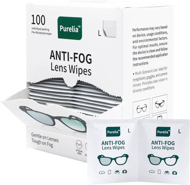 Main image of Anti-Fog Lens Wipes for Glasses, 100 Count, Individually Wrapped, Pre-Moistened, Large 4.7 x 4.7 Inch Sheets for Eyeglasses, Sunglasses, Screens, Camera Lenses