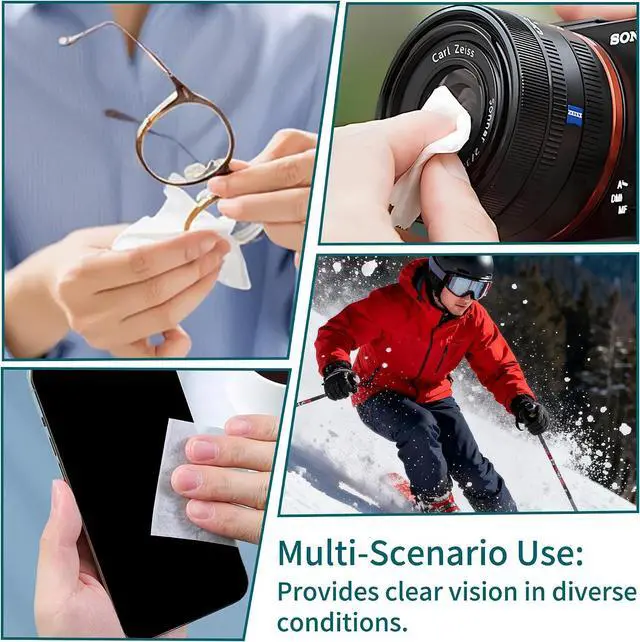 Alt view image 5 of 7 - Anti-Fog Lens Wipes for Glasses, 100 Count, Individually Wrapped, Pre-Moistened, Large 4.7 x 4.7 Inch Sheets for Eyeglasses, Sunglasses, Screens, Camera Lenses