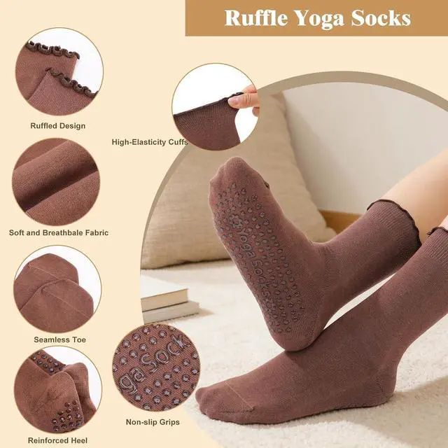 Alt view image 3 of 7 - Pilates Grip Socks for Women Non Slip Yoga Socks | Made with Cotton Blend Fabric, Soft And Breathable with Ruffle Cuffs, Ideal for Pilates Yoga Barre