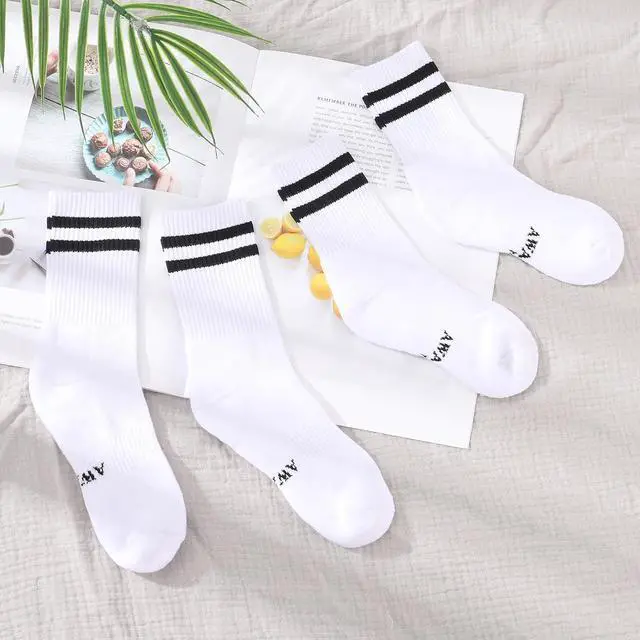 Alt view image 3 of 6 - AWAYTR Kids Boys Crew Socks - 4 Pack Ribbed Towel Bottom Hiking Dress Girls Black White Grey Sports Long Socks