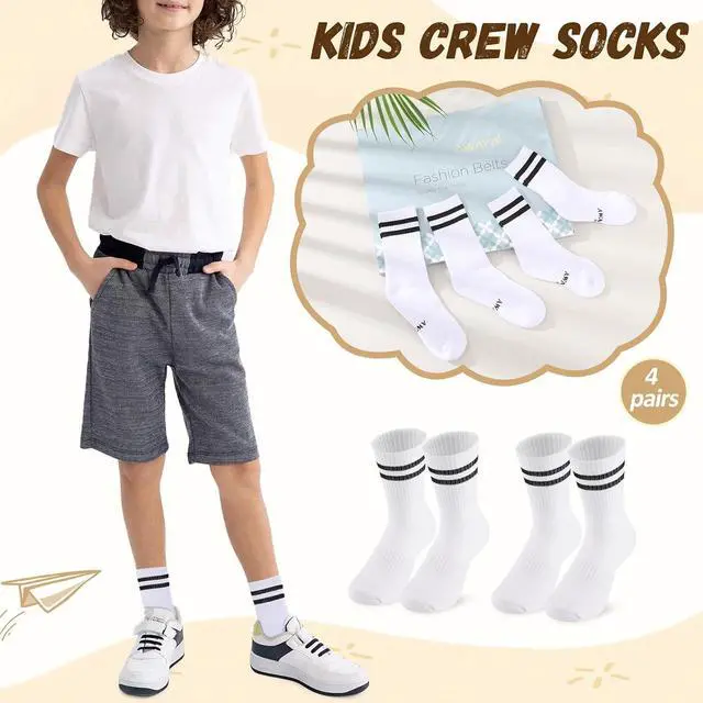 Alt view image 6 of 6 - AWAYTR Kids Boys Crew Socks - 4 Pack Ribbed Towel Bottom Hiking Dress Girls Black White Grey Sports Long Socks