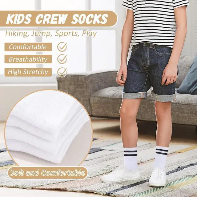 Alt view image 4 of 6 - AWAYTR Kids Boys Crew Socks - 4 Pack Ribbed Towel Bottom Hiking Dress Girls Black White Grey Sports Long Socks