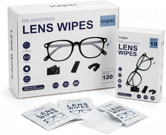 Main image of Pre-Moistened Lens Wipes (120 Count) - 12 Travel-Friendly Boxes (10 Wipes per Box) - Streak-Free, Fast-Drying Eyeglass Cleaner for Glasses, Sunglasses, Phone Screens, Camera Lenses and Binoculars