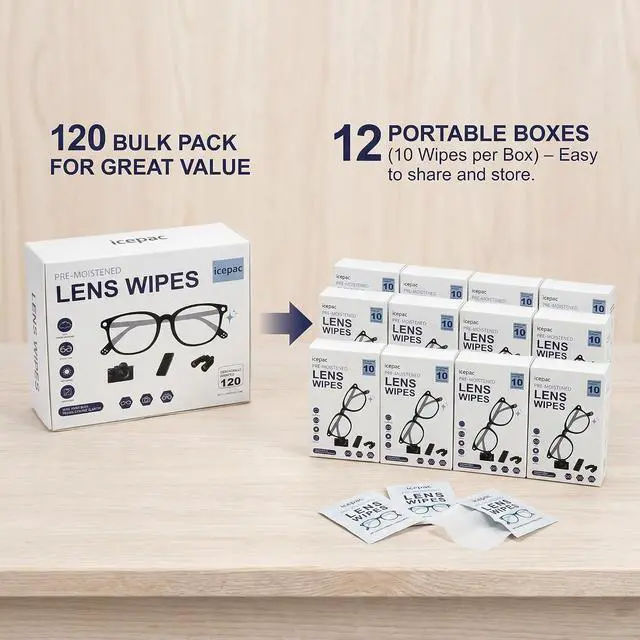 Alt view image 2 of 7 - Pre-Moistened Lens Wipes (120 Count) - 12 Travel-Friendly Boxes (10 Wipes per Box) - Streak-Free, Fast-Drying Eyeglass Cleaner for Glasses, Sunglasses, Phone Screens, Camera Lenses and Binoculars