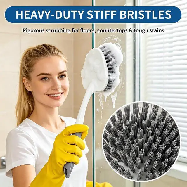 Alt view image 4 of 7 - 3PCS Heavy Duty Scrub Brush Set - Shower Cleaning Brushes for Bathroom | Corner brush with scraper, V-shape grout brush & stiff scrubber. For grout, tracks, crevice, shower, tub & floor.
