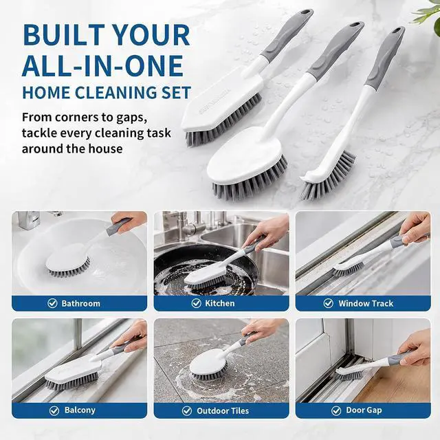 Alt view image 7 of 7 - 3PCS Heavy Duty Scrub Brush Set - Shower Cleaning Brushes for Bathroom | Corner brush with scraper, V-shape grout brush & stiff scrubber. For grout, tracks, crevice, shower, tub & floor.