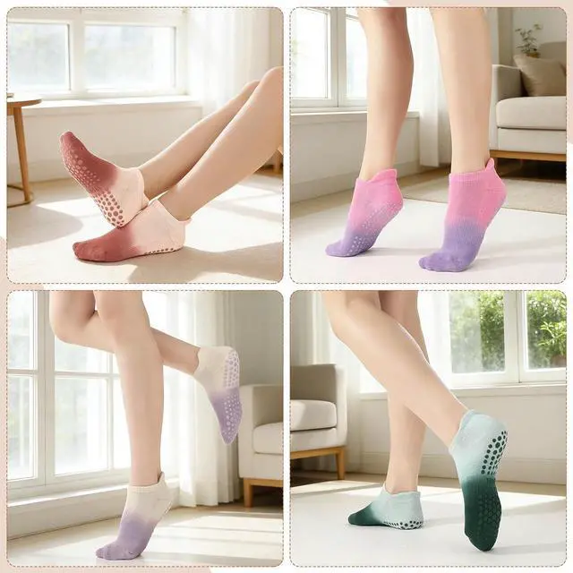 Alt view image 2 of 7 - Ombre Pilates Grip Socks for Women Non Slip Yoga Socks 4 Pairs | Cotton Blend Socks with Ombre Color Design, Cushioned Grip Bottom for Studio Workouts, Barre, Dance and Home Wear