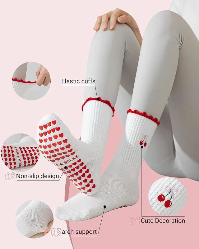 Alt view image 3 of 7 - 3 Pairs Pilates Socks with Grips for Women Non Slip Grip Ruffle Yoga Ankle Grippy Socks