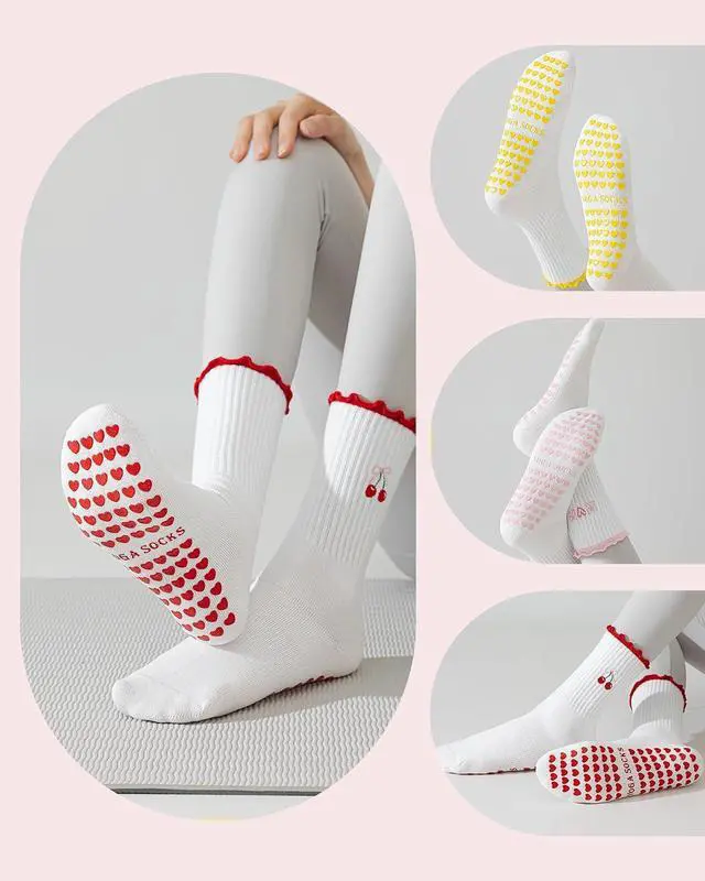 Alt view image 7 of 7 - 3 Pairs Pilates Socks with Grips for Women Non Slip Grip Ruffle Yoga Ankle Grippy Socks