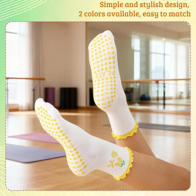 Alt view image 2 of 7 - Jspupifip 2/4/5 Pairs Womens Embroidery Non Slip Pilates Yoga Socks | Cute Grippy Crew Socks Offered Fit Barre Workout Hospital Indoor Barefoot Daily Activities For Ladies