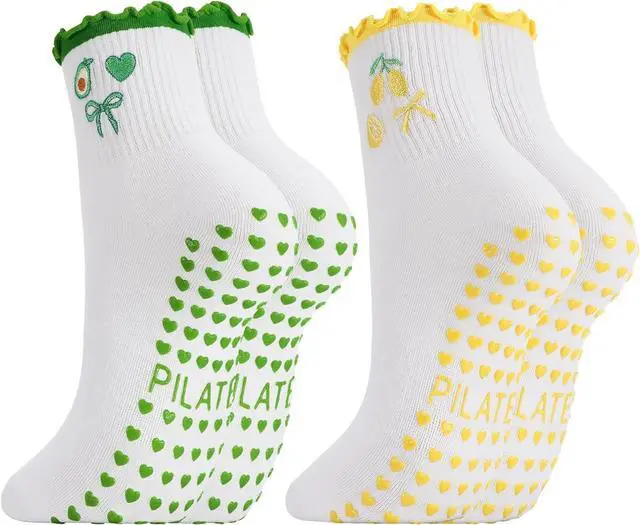 Main image of Jspupifip 2/4/5 Pairs Womens Embroidery Non Slip Pilates Yoga Socks | Cute Grippy Crew Socks Offered Fit Barre Workout Hospital Indoor Barefoot Daily Activities For Ladies