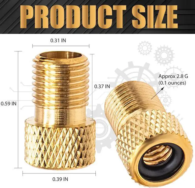Alt view image 2 of 7 - 2PCS Brass Presta Valve Adapter, Convert Presta to Schrader Adaptor, Inflate Tire Using Standard Pump or Air Compressor for Bikes, 2 Pack Black Tire Valve Caps(Reticulated Grain Style)