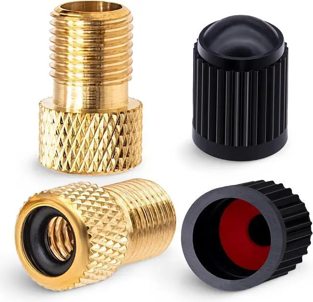 Main image of 2PCS Brass Presta Valve Adapter, Convert Presta to Schrader Adaptor, Inflate Tire Using Standard Pump or Air Compressor for Bikes, 2 Pack Black Tire Valve Caps(Reticulated Grain Style)