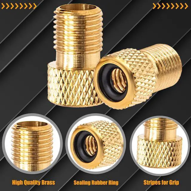 Alt view image 3 of 7 - 2PCS Brass Presta Valve Adapter, Convert Presta to Schrader Adaptor, Inflate Tire Using Standard Pump or Air Compressor for Bikes, 2 Pack Black Tire Valve Caps(Reticulated Grain Style)
