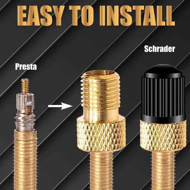 Alt view image 5 of 7 - 2PCS Brass Presta Valve Adapter, Convert Presta to Schrader Adaptor, Inflate Tire Using Standard Pump or Air Compressor for Bikes, 2 Pack Black Tire Valve Caps(Reticulated Grain Style)