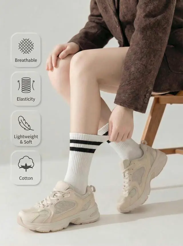 Alt view image 3 of 6 - Rehelu Womens Striped Crew Socks Cotton Cozy Casual Athletic Long Socks for Women 4 Pairs