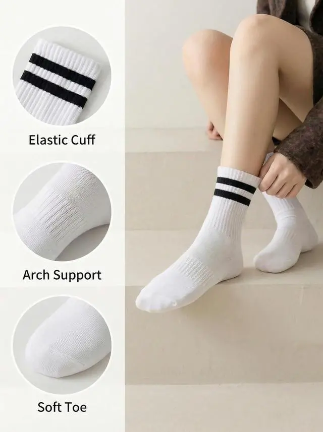 Alt view image 5 of 6 - Rehelu Womens Striped Crew Socks Cotton Cozy Casual Athletic Long Socks for Women 4 Pairs
