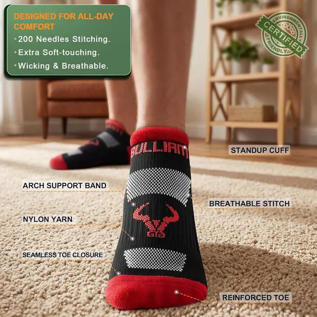 Alt view image 4 of 7 - BULLIANT Men's 3-Pack Cushioned Athletic Running Ankle Socks-Arch Support | Fully Terry Sole | Breathable Nylon Blend Yarn | Anti-slip Y Heel Low Cut No show | Anti-blister Seamless Toe Closure