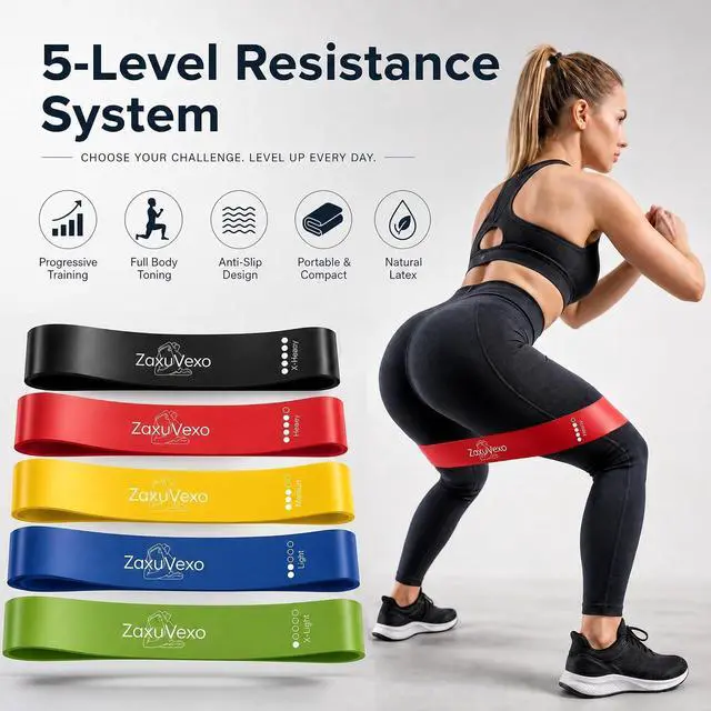 Alt view image 3 of 5 - 5-Pack Workout Resistance Bands, Elastic Home Gym Equipment | Ideal for strength, stretching, Pilates & yoga. Suits physical therapy, leg/glute/arm training. Practical & multi-use