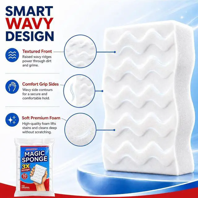 Alt view image 3 of 7 - 3X Density Magic Sponge Eraser, 10 Pack Cleaning Sponge for Kitchen & Bath | 3X density foam, Extra durable sponge, Ergonomic wavy grip, Deep cleaning power, Multi-surface cleaning, 10 pack value