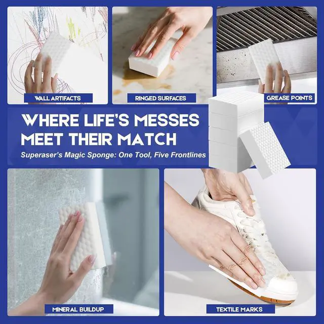 Alt view image 2 of 7 - Magic Sponge Eraser, 10 Pack, 2X Density Melamine Foam | Water-activated melamine foam for scuffs, grease, soap scum, shoe marks, walls, kitchens and bathrooms.