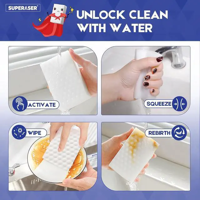 Alt view image 4 of 7 - Magic Sponge Eraser, 10 Pack, 2X Density Melamine Foam | Water-activated melamine foam for scuffs, grease, soap scum, shoe marks, walls, kitchens and bathrooms.