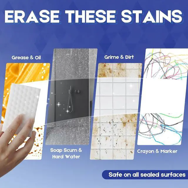 Alt view image 5 of 7 - Magic Sponge Eraser, 10 Pack, 2X Density Melamine Foam | Water-activated melamine foam for scuffs, grease, soap scum, shoe marks, walls, kitchens and bathrooms.