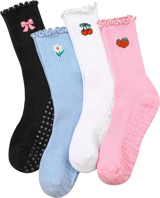 Main image of Jspupifip 4 Pairs Cute Pilates Grippy Socks for Women, Ruffle, Non-Slip | 80% Cotton, Non-Slip Grip, Ruffle, Crew Grippy Socks, Yoga, Pilates Barre, Hospital, Home, Women's Athletic Socks