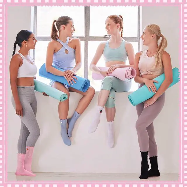 Alt view image 3 of 7 - Jspupifip 4 Pairs Cute Pilates Grippy Socks for Women, Ruffle, Non-Slip | 80% Cotton, Non-Slip Grip, Ruffle, Crew Grippy Socks, Yoga, Pilates Barre, Hospital, Home, Women's Athletic Socks