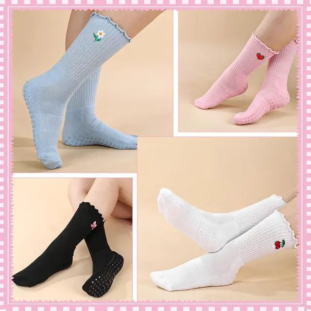 Alt view image 2 of 7 - Jspupifip 4 Pairs Cute Pilates Grippy Socks for Women, Ruffle, Non-Slip | 80% Cotton, Non-Slip Grip, Ruffle, Crew Grippy Socks, Yoga, Pilates Barre, Hospital, Home, Women's Athletic Socks