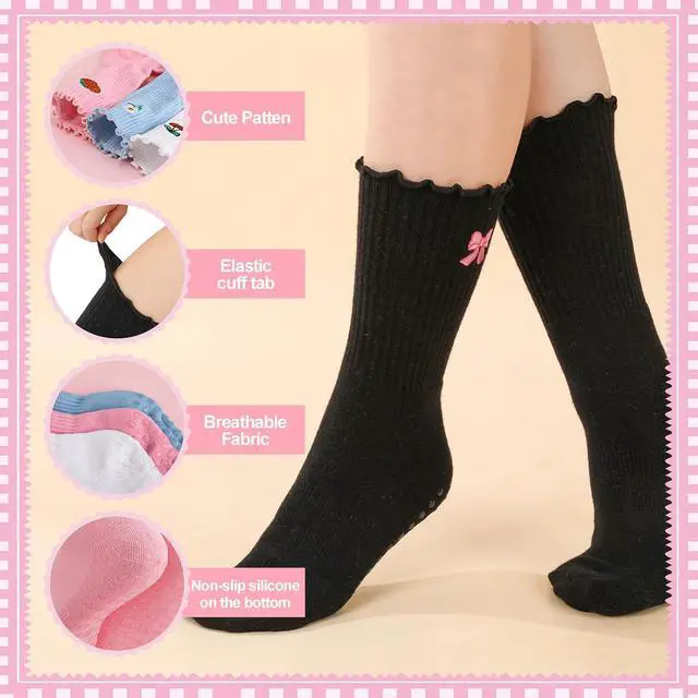 Alt view image 5 of 7 - Jspupifip 4 Pairs Cute Pilates Grippy Socks for Women, Ruffle, Non-Slip | 80% Cotton, Non-Slip Grip, Ruffle, Crew Grippy Socks, Yoga, Pilates Barre, Hospital, Home, Women's Athletic Socks