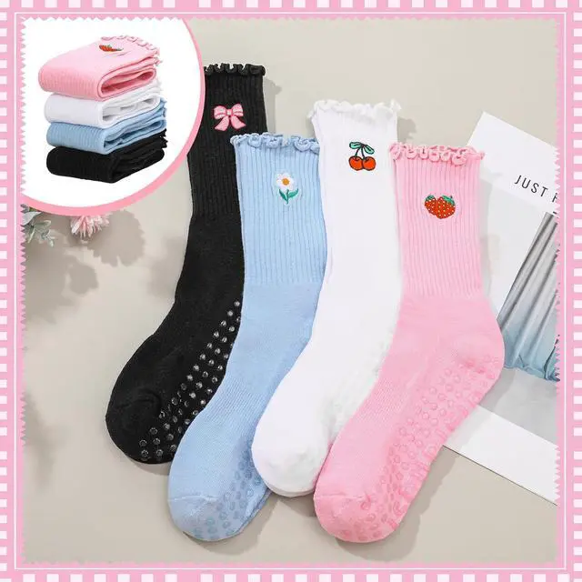 Alt view image 6 of 7 - Jspupifip 4 Pairs Cute Pilates Grippy Socks for Women, Ruffle, Non-Slip | 80% Cotton, Non-Slip Grip, Ruffle, Crew Grippy Socks, Yoga, Pilates Barre, Hospital, Home, Women's Athletic Socks