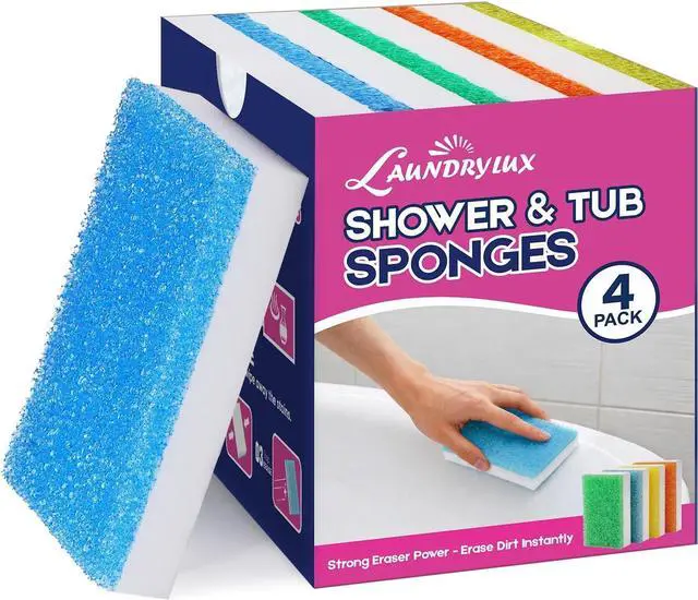 Main image of LAUNDRYLUX Magic Sponge Erasers, 4 Pack Dual-Sided Shower & Tub Cleaner | with Temperature-Responsive Scrubber, Melamine Sponges for Bathroom and Shoe Cleaning
