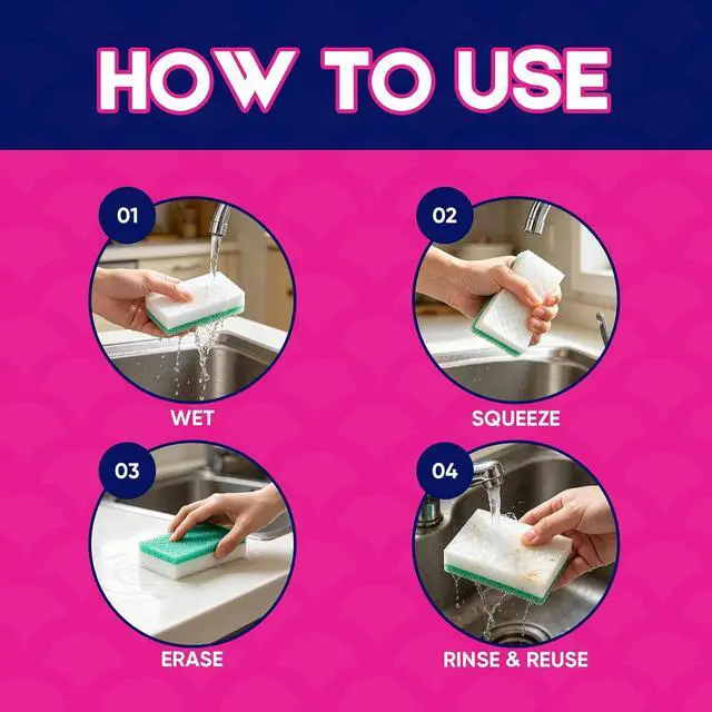 Alt view image 5 of 7 - LAUNDRYLUX Magic Sponge Erasers, 4 Pack Dual-Sided Shower & Tub Cleaner | with Temperature-Responsive Scrubber, Melamine Sponges for Bathroom and Shoe Cleaning