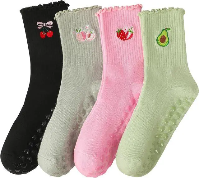 Main image of Jspupifip 4 Pairs Cute Pilates Grippy Socks for Women, Ruffle, Non-Slip | 80% Cotton, Non-Slip Grip, Ruffle, Crew Grippy Socks, Yoga, Pilates Barre, Hospital, Home, Women's Athletic Socks