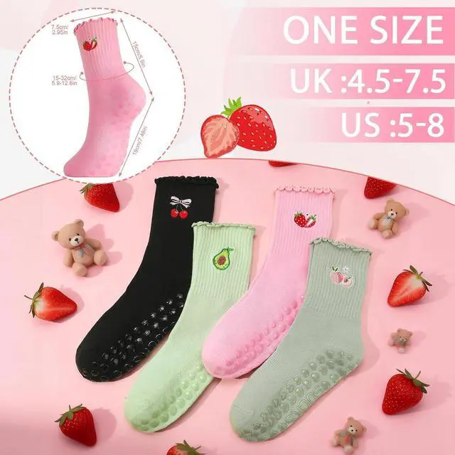 Alt view image 5 of 7 - Jspupifip 4 Pairs Cute Pilates Grippy Socks for Women, Ruffle, Non-Slip | 80% Cotton, Non-Slip Grip, Ruffle, Crew Grippy Socks, Yoga, Pilates Barre, Hospital, Home, Women's Athletic Socks