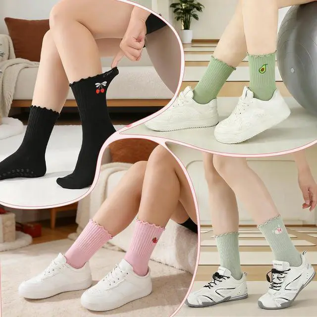 Alt view image 2 of 7 - Jspupifip 4 Pairs Cute Pilates Grippy Socks for Women, Ruffle, Non-Slip | 80% Cotton, Non-Slip Grip, Ruffle, Crew Grippy Socks, Yoga, Pilates Barre, Hospital, Home, Women's Athletic Socks