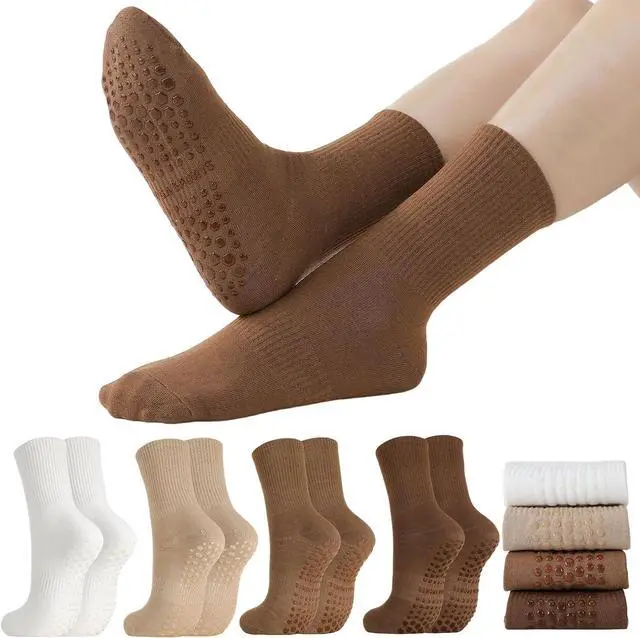 Alt view image 2 of 7 - Jspupifip 4 Pairs Pilates Grippy Socks for Women, Non Slip Yoga Socks | Crew Grippy Socks, Cotton, Non-Slip Grip, Yoga Pilates Barre, Hospital Home, Women's Athletic Socks
