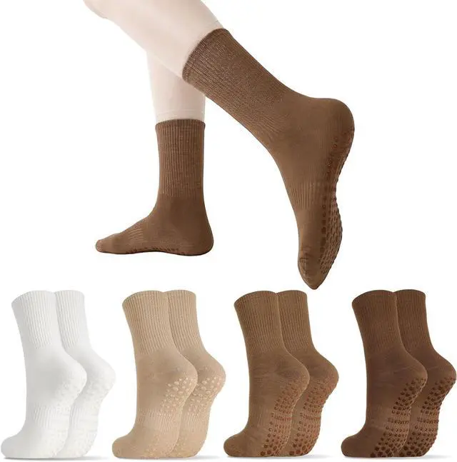Main image of Jspupifip 4 Pairs Pilates Grippy Socks for Women, Non Slip Yoga Socks | Crew Grippy Socks, Cotton, Non-Slip Grip, Yoga Pilates Barre, Hospital Home, Women's Athletic Socks