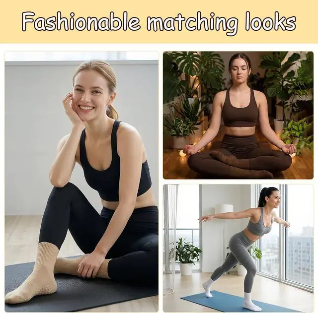 Alt view image 5 of 7 - Jspupifip 4 Pairs Pilates Grippy Socks for Women, Non Slip Yoga Socks | Crew Grippy Socks, Cotton, Non-Slip Grip, Yoga Pilates Barre, Hospital Home, Women's Athletic Socks