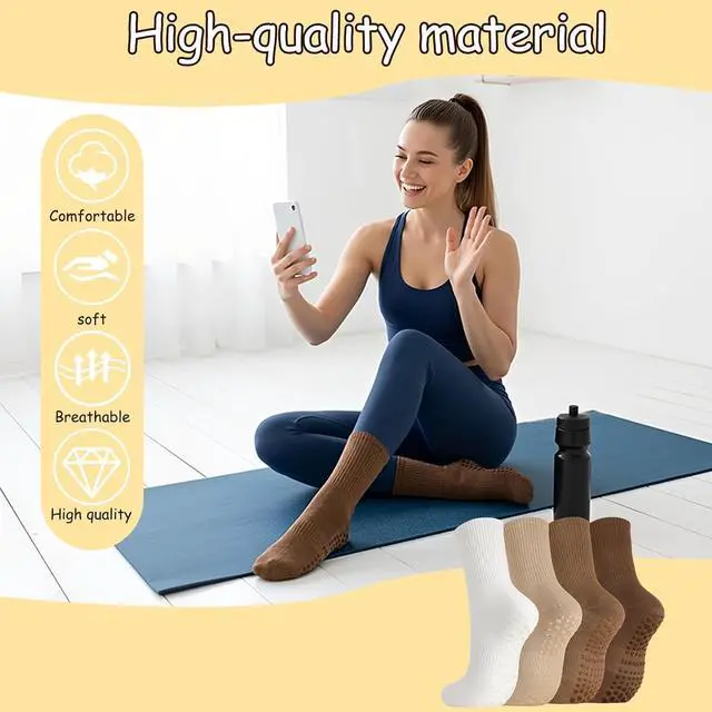 Alt view image 7 of 7 - Jspupifip 4 Pairs Pilates Grippy Socks for Women, Non Slip Yoga Socks | Crew Grippy Socks, Cotton, Non-Slip Grip, Yoga Pilates Barre, Hospital Home, Women's Athletic Socks