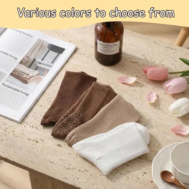 Alt view image 6 of 7 - Jspupifip 4 Pairs Pilates Grippy Socks for Women, Non Slip Yoga Socks | Crew Grippy Socks, Cotton, Non-Slip Grip, Yoga Pilates Barre, Hospital Home, Women's Athletic Socks