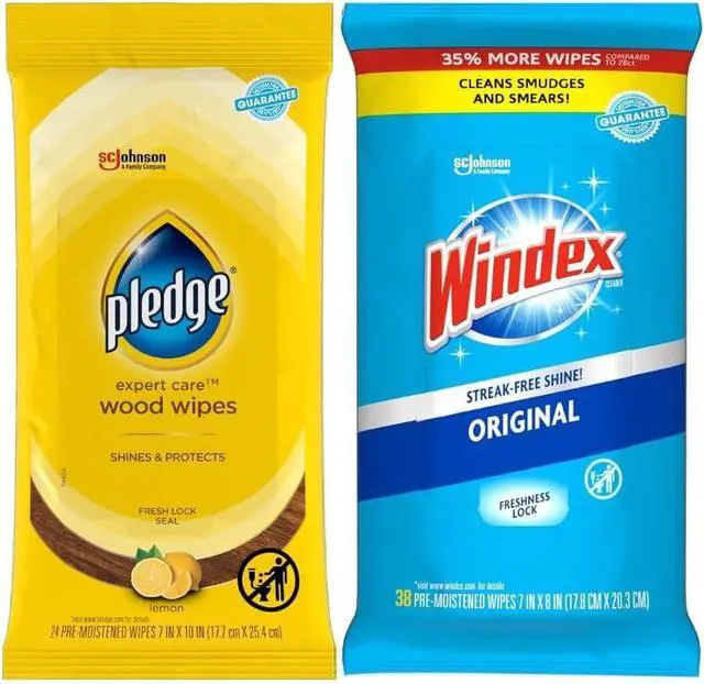 Main image of Pledge Expert Care Wood Wipes & Windex Glass Cleaning Wipes Bundle, 24ct Lemon Scent Wood Wipes & 38ct Original Glass Wipes for Surface Cleaning