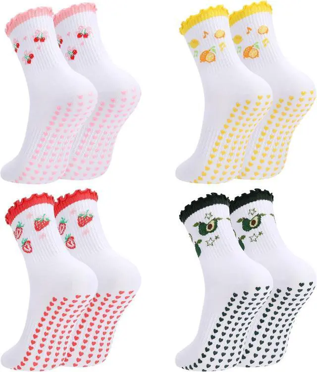 Main image of 4 Pairs Cute Pilates Socks with Grip for Women Cotton Ruffle | Crew Yoga Socks Embroidery Pattern Workout Ballet Camping Running Travel